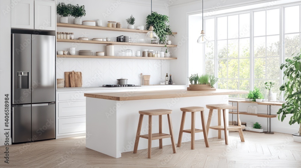 Fototapeta premium A Scandinavian minimalist kitchen with a sleek island, wooden stools, and functional yet stylish design.