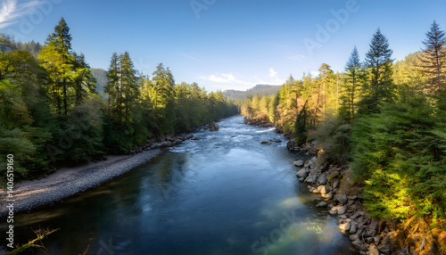 Scenic river surrounded by lush trees under a clear blue sky