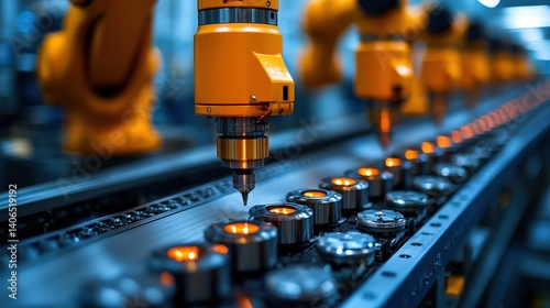 A symphony of metal and light, an intelligent factory production line, its every move choreographed by AI, generating a vibrant image of industrial efficiency and technological advancement. 