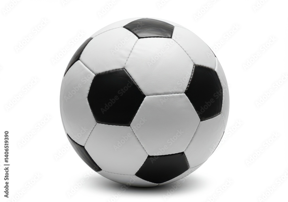 Fototapeta premium A monochrome soccer ball with black pentagons and white hexagons on a plain white background in studio shot