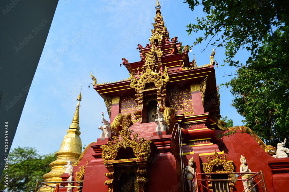 Naklejka premium Pagoda, Lanna Architecture, Symbols of Buddhism, South East Asia at Wat Nantharam, Chiang Mai, Northern Thailand