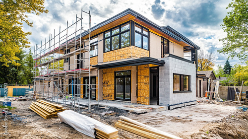 Modern wooden house under construction with scaffolding and sanded ground, large windows and wooden siding in background house, materials on site, bright blue sky with partially built house.