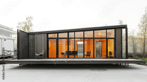 Modern prefabricated house with large windows and sleek design