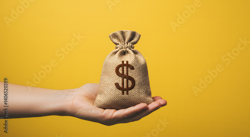 A hand holds out a dollar money bag. Concept to earn income. To receive salary or payments.