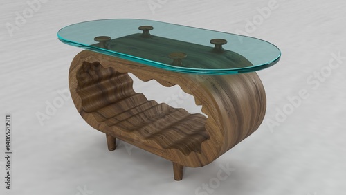 Fototapeta Naklejka Na Ścianę i Meble -  Oval Wooden Table. Clear Blue Glass Top. Isolated. White background. 3d render