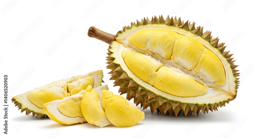 Fototapeta premium Durian fruit with slices isolated on white background