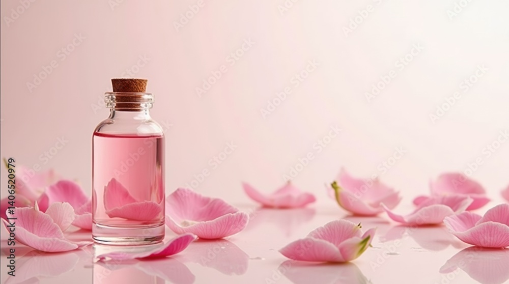 Glass bottle of rose oil surrounded by pink rose petals, soft white background, elegant aromatherapy concept. Glass bottle of rose oil surrounded by pink rose petals, soft white background, elegant aromatherapy concept.