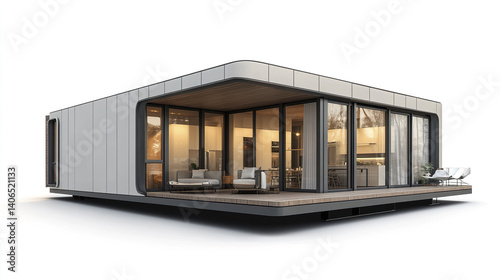 Modern prefabricated house with large windows on white background