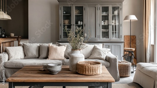 A rustic Scandinavian-inspired living room featuring a wooden coffee table and soft grey tones.