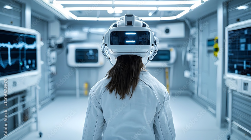 A person wearing a high tech exosuit or medical device that augments and assists their movements and capabilities in a modern advanced medical facility A person wearing a high tech exosuit or medical device that augments and assists their movements and capabilities in a modern advanced medical facility