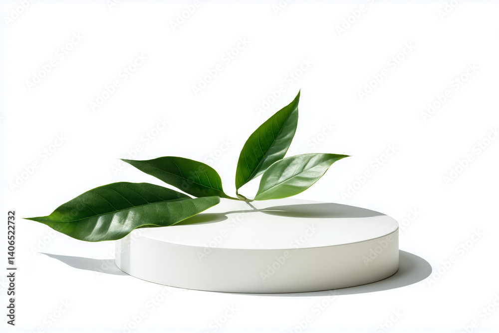 Empty podiums of cylinder shape on white background with shadow and tropical green leaf for product Empty podiums of cylinder shape on white background with shadow and tropical green leaf for product