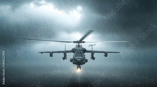 A powerful military attack helicopter cutting through a dramatic rain swept sky amidst ominous storm clouds and flashes of lightning photo