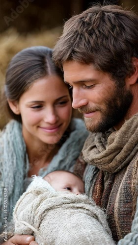 Couple tenderly holding a newborn infant wrapped in cloth, looking down with love and affection, parents with baby.