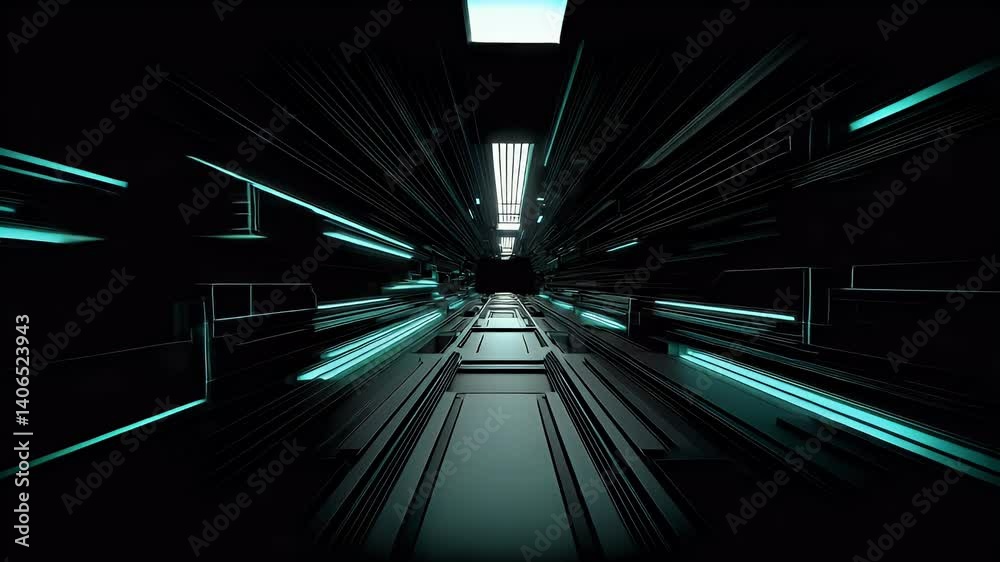 Abstract futuristic corridor with light emitting from above. Dark and glowing neon turquoise