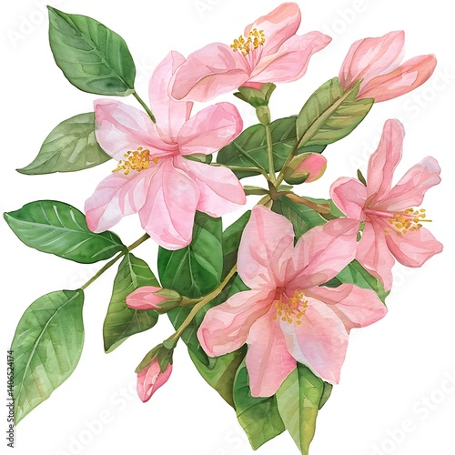 Watercolor Pink Jasmine Isolated on White Background. Beautiful Jasmine Flower