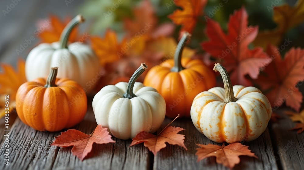 Table decor with small pumpkins in orange and white, rustic wooden table, autumn leaves, cozy fall centerpiece concept Table decor with small pumpkins in orange and white, rustic wooden table, autumn leaves, cozy fall centerpiece concept