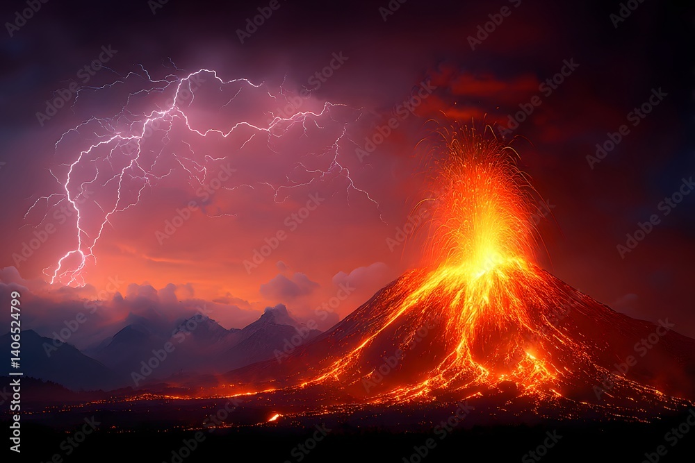 Fototapeta premium An erupting volcano at night lightning