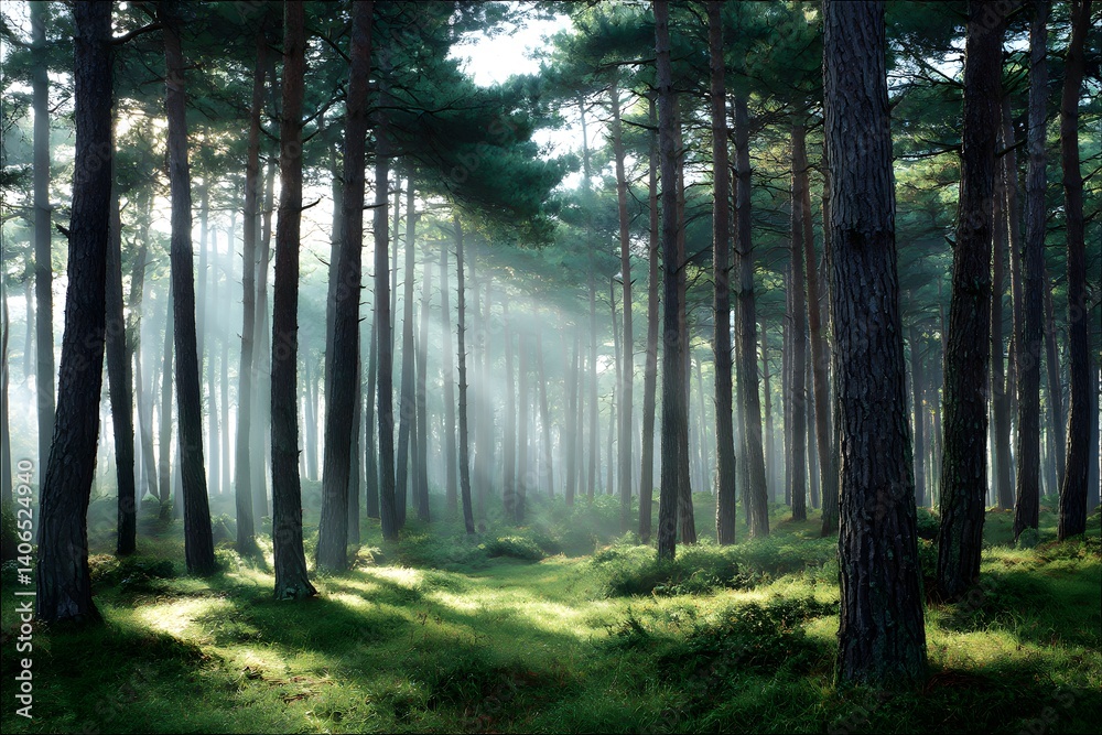 Obraz premium Ancient pine forest with sunbeams
