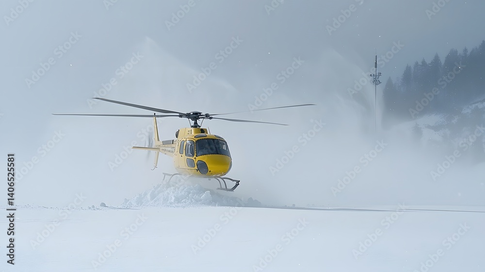 Obraz premium A yellow rescue helicopter bravely flying through a heavy snowstorm battling the harsh winter elements to reach and assist those in need