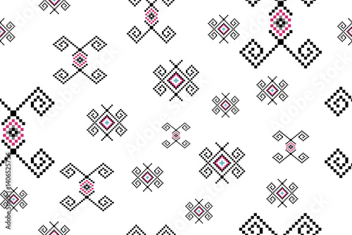 seamless geometric pattern with geometric shapes, Vector seamless pattern featuring pixel art designs inspired by Thai tribal and hill tribe embroidery. Includes diamond shapes, curved ornamental line