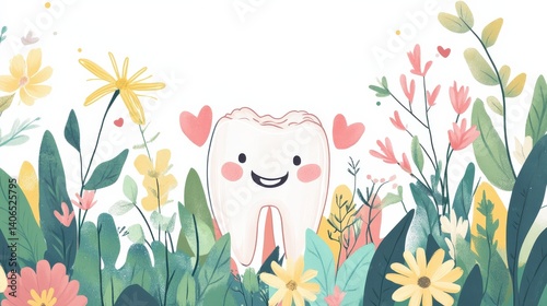 Happy Tooth Character Surrounded by Colorful Flowers and Plants