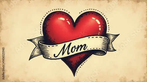 Vintage tattoo style, heart with banner wrapping around it with handwritten “Mom” text, black outlines and red fill