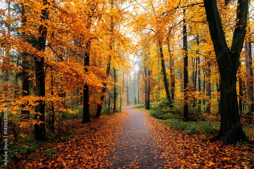Fototapeta premium Autumn forest path with orange and yellow leaves