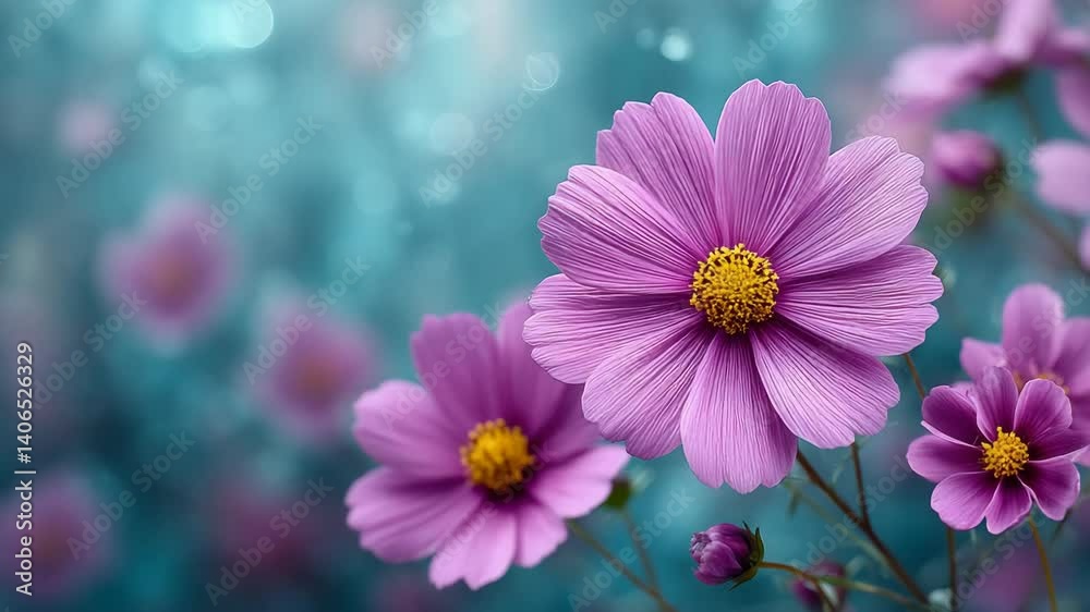 Elegant purple wildflowers with vibrant yellow centers on graceful stems, softly lit, and dreamlike aqua bokeh background