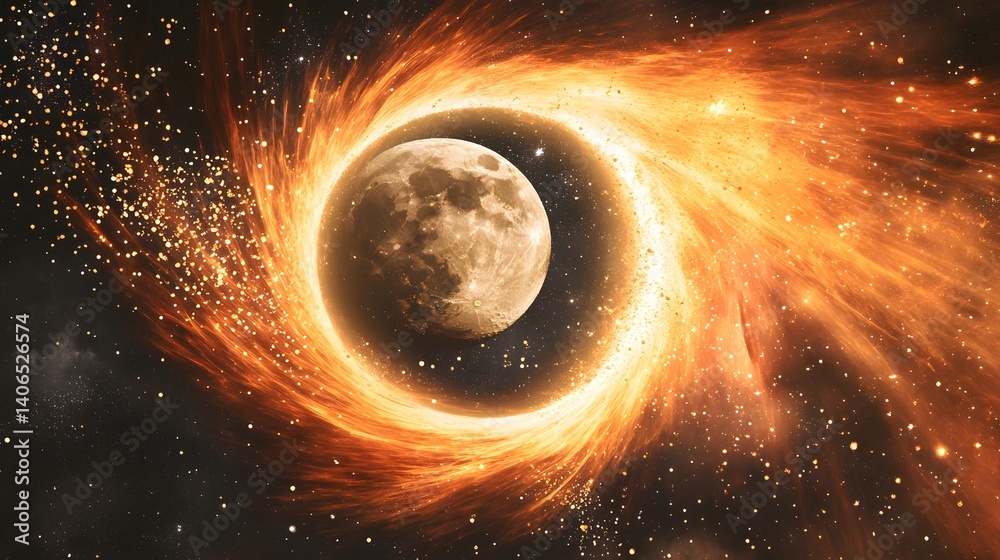 Naklejka premium Fiery Cosmic Vortex Around Moon