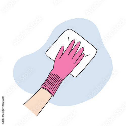 It is a scene where rubber gloves are worn to clean up and wiping with a mop. Hand motion vector design illustration related to cleaning
