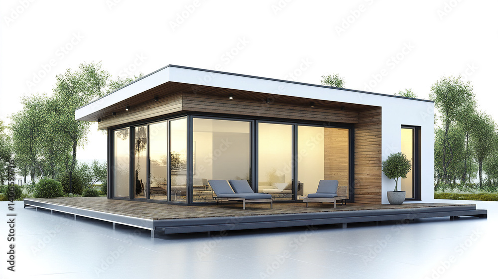 Fototapeta premium Modern prefabricated house with large windows and deck