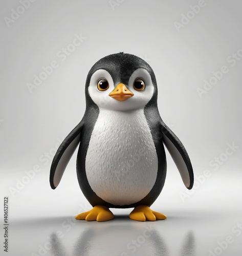 Charming 3D Cartoon Penguin Character with Expressive Eyes, Black and White Body, and Yellow Beak and Feet – Playful and Innocent Design on White Background