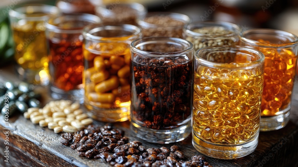 Variety of capsules, seeds, and oils are displayed in clear glass containers on a rustic wood surface Variety of capsules, seeds, and oils are displayed in clear glass containers on a rustic wood surface