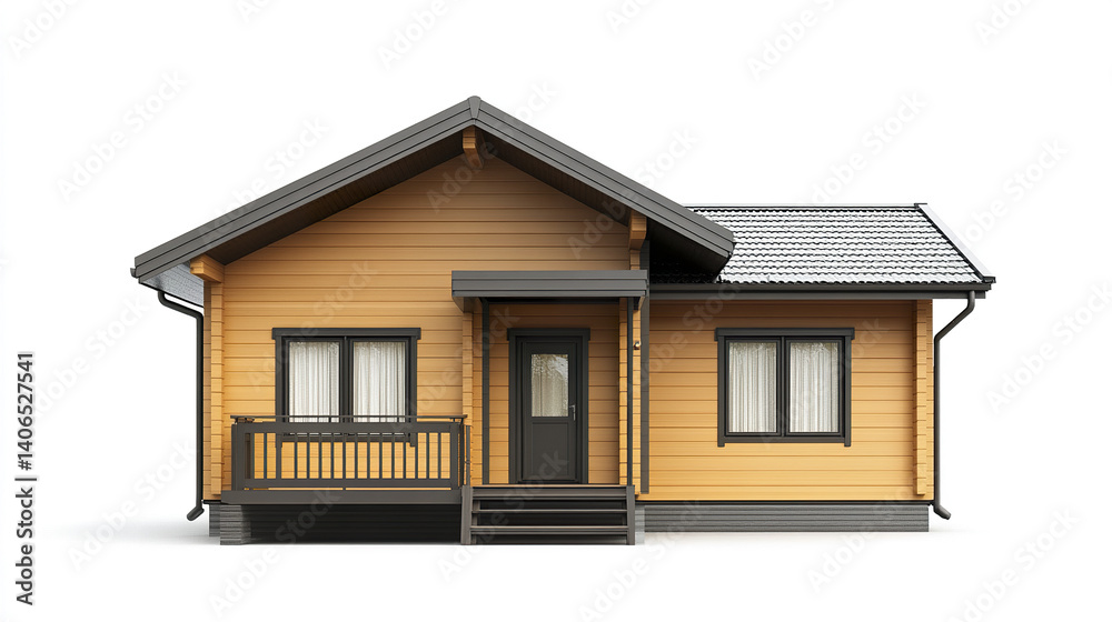 Compact prefabricated house with wooden exterior and porch Compact prefabricated house with wooden exterior and porch