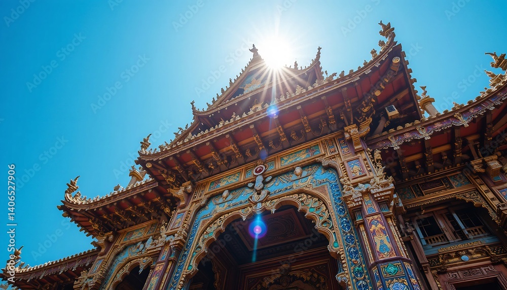 Naklejka premium 眩い日差し浴びる鮮やか寺院建築
