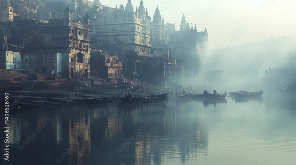 Mystical riverside cityscape with ancient architecture shrouded in ethereal mist Mystical riverside cityscape with ancient architecture shrouded in ethereal mist