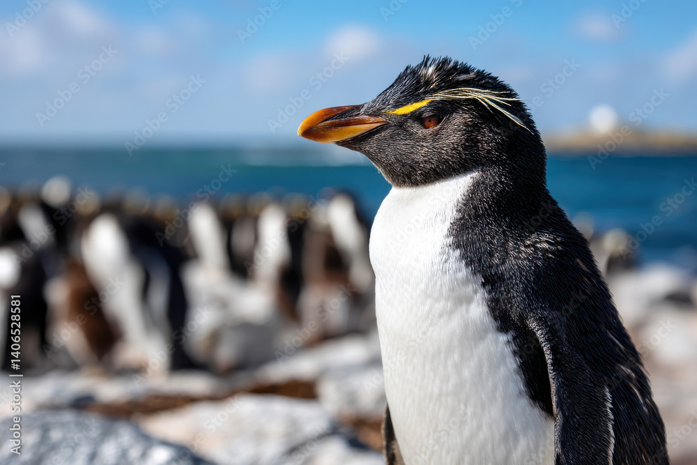 Cute Rock Hopper Looking Over Shoulder with Colony in Background at Sea Lion Island