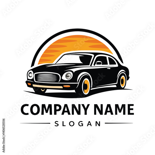 Classic car logo with sunset background