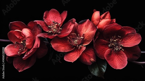Close-up of vibrant red blossoms on black background. Botanical still life.  Possible use  Wallpaper, greeting card design