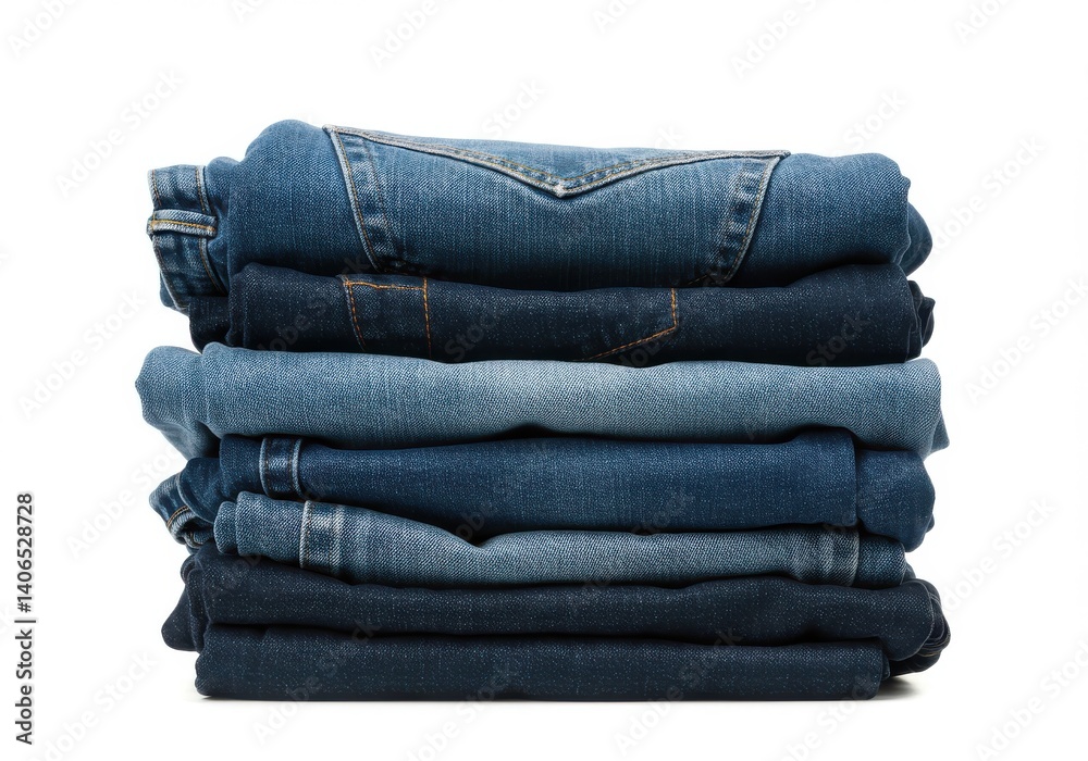 A neat stack of folded blue jeans in varying shades of denim on a plain white background studio shot A neat stack of folded blue jeans in varying shades of denim on a plain white background studio shot