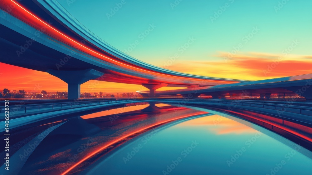 Obraz premium A stunning sunset reflection over modern highways, showcasing vibrant colors and sleek architecture in a serene landscape.
