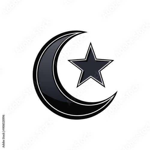 Smooth Crescent Moon with Star in Minimalist Black Icon Style
