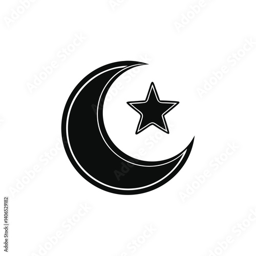 High-Contrast Crescent and Star Emblem in Flat Silhouette Design