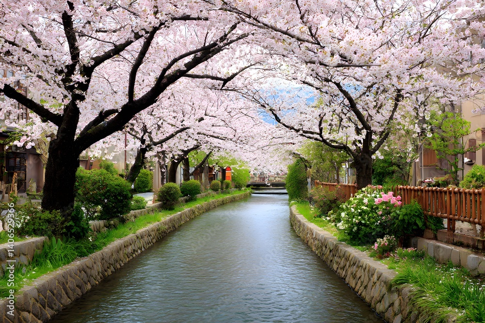 Cherry blossom trees over small river spring Cherry blossom trees over small river spring