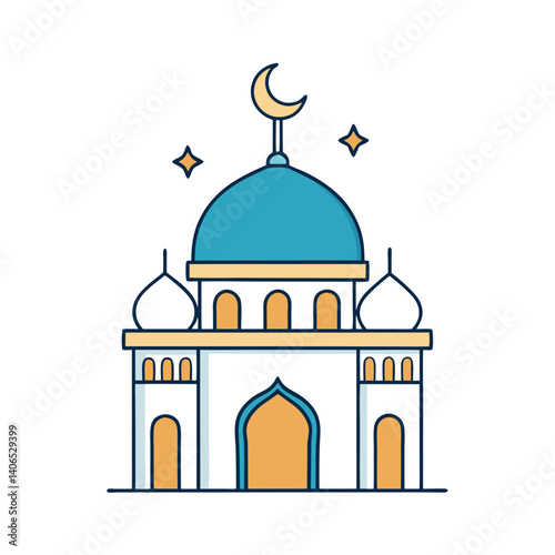 Sacred Mosque with Crescent Moon Domes and Minaret in Minimalist Style