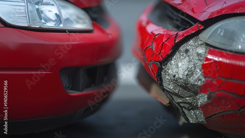 Close-up of two car bumpers touching with cracked paint, minor collision damage on vehicles in urban traffic, concept of road accidents and auto insurance claims.

