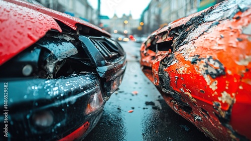 Close-up of two car bumpers touching with cracked paint, minor collision damage on vehicles in urban traffic, concept of road accidents and auto insurance claims.
