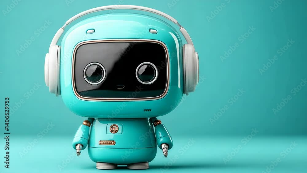 Cute Teal Robot Listening Music With Headphones Against Gradient Studio Background, Futuristic Concept and AI Technology