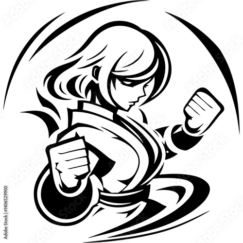 Tattoo emblem of girl athlete in kimono ready for fight in monochrome. Engraving minimalistic vector in black ink drawing on transparent background
