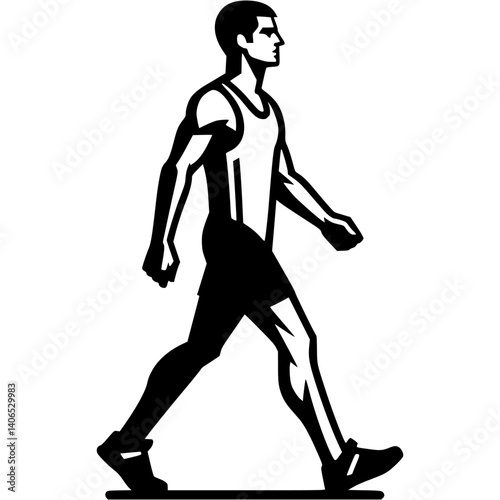 Sport emblem of man in sportswear walks with a quick warm up step in monochrome. Engraving minimalistic vector in black ink drawing on transparent background